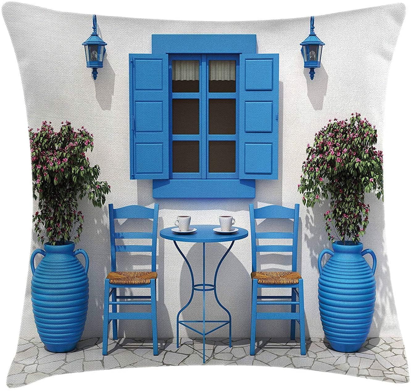 Travel Decor Throw Pillow Cushion Cover by, Traditional Greek Design Holiday Summer House Flowers Window Image, Decorative Square Accent Pillow Case, 18 X 18 Inches, Navy Blue and White