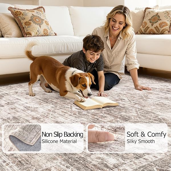 ELLIUNE WASHABLE AREA RUGS 6X9, SOFT LARGE 6X9 RUGS FOR LIVING ROOM NON-SLIP VINTAGE BROWN INDOOR CARPET STAIN RESISTANT RUGS FOR DINING ROOM BEDROOM NURSERY KID & PET FRIENDLY