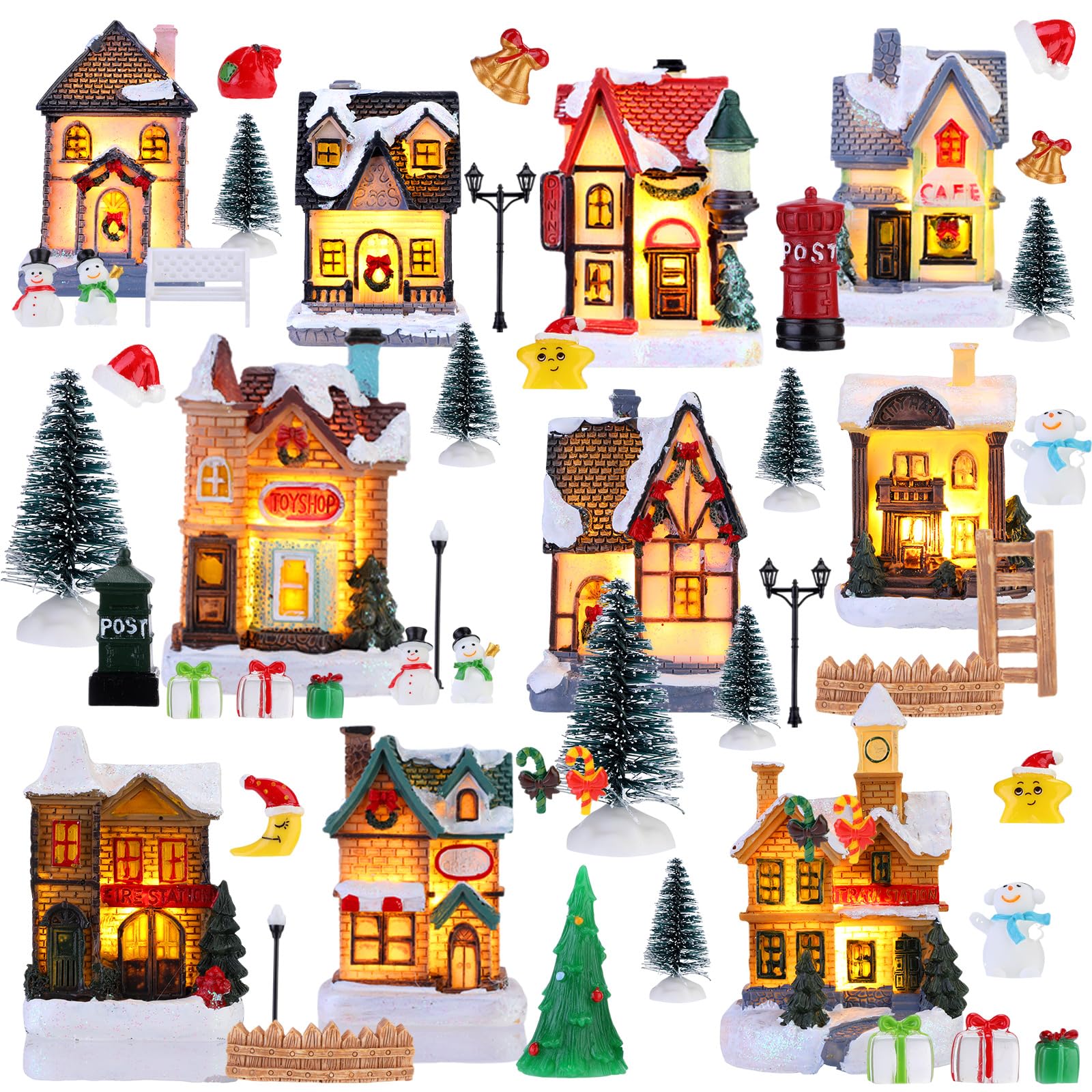 Photo 1 of ( UNKOWN MISSING) Barydat 60 Pcs Christmas Village Figurines Decor Set Led Lighted Mini Xmas Village Houses Winter Village Accessories Holiday Village Collection Kit for Christmas Village Desktop Table Decoration