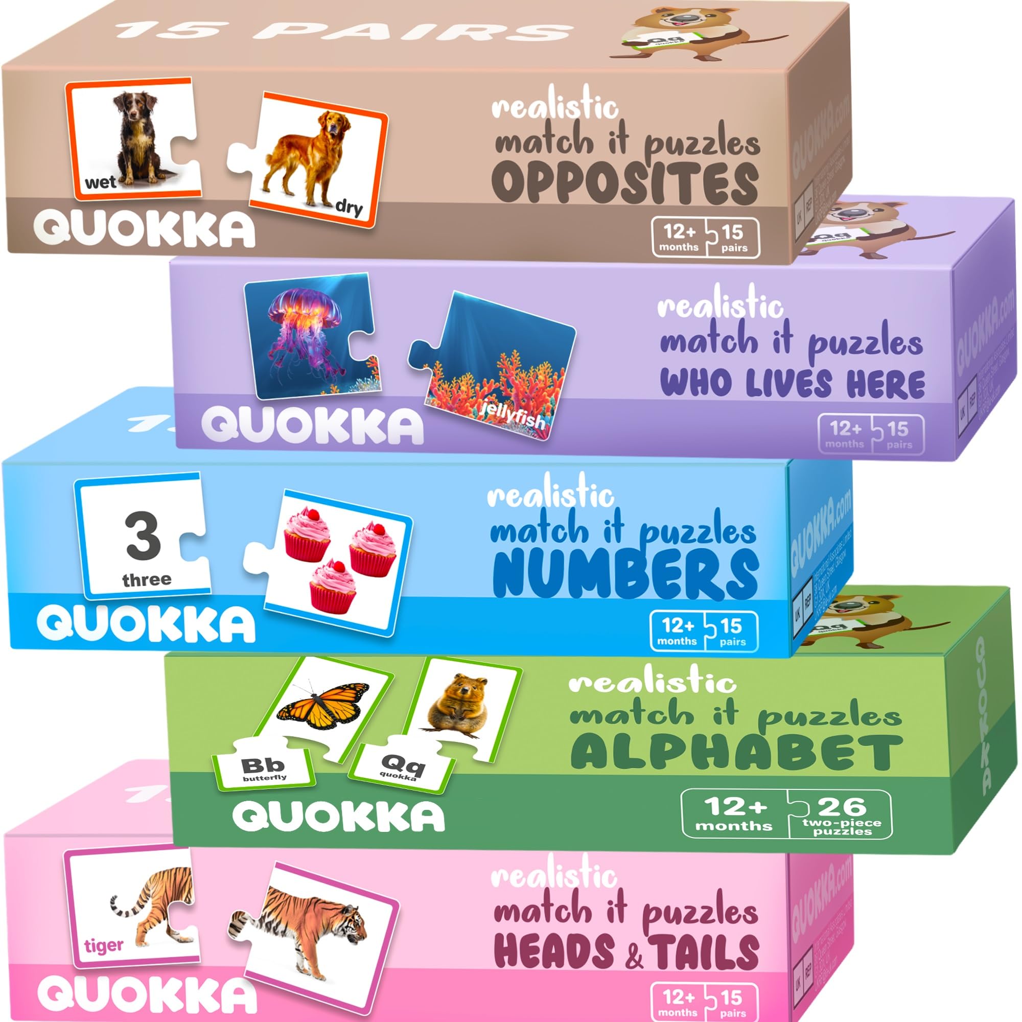QUOKKA Toddler Puzzles For 1 2 Year Olds - 5 SET Realistic Puzzle Matching Games - Educational Jigsaw Toy for 2-3 Year Old - Numbers Animals Opposites ABC Learning Resources for Toddlers - Kids Gift — image 1