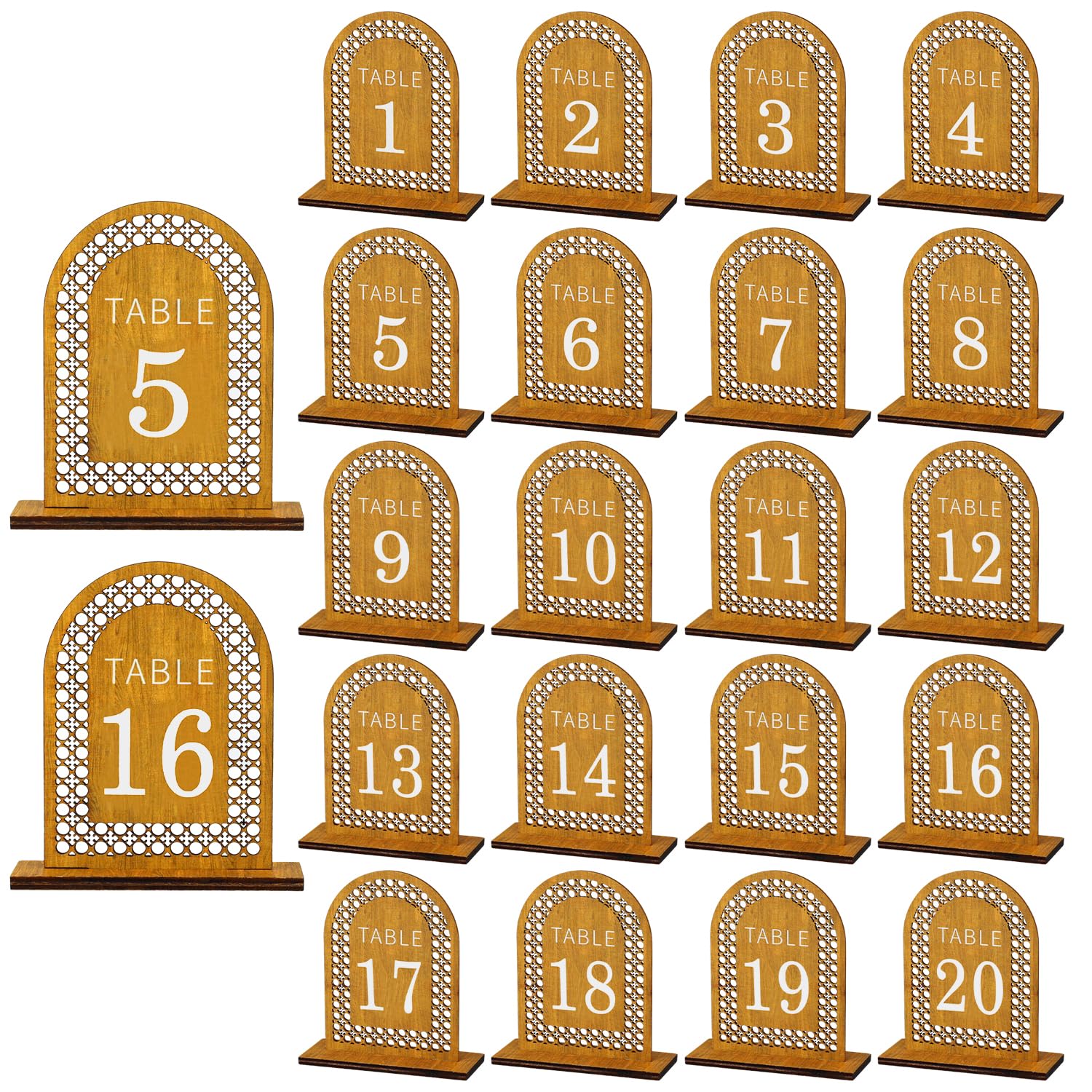 Photo 1 of Rattan Arch Wedding Table Numbers 1-20 with Stands