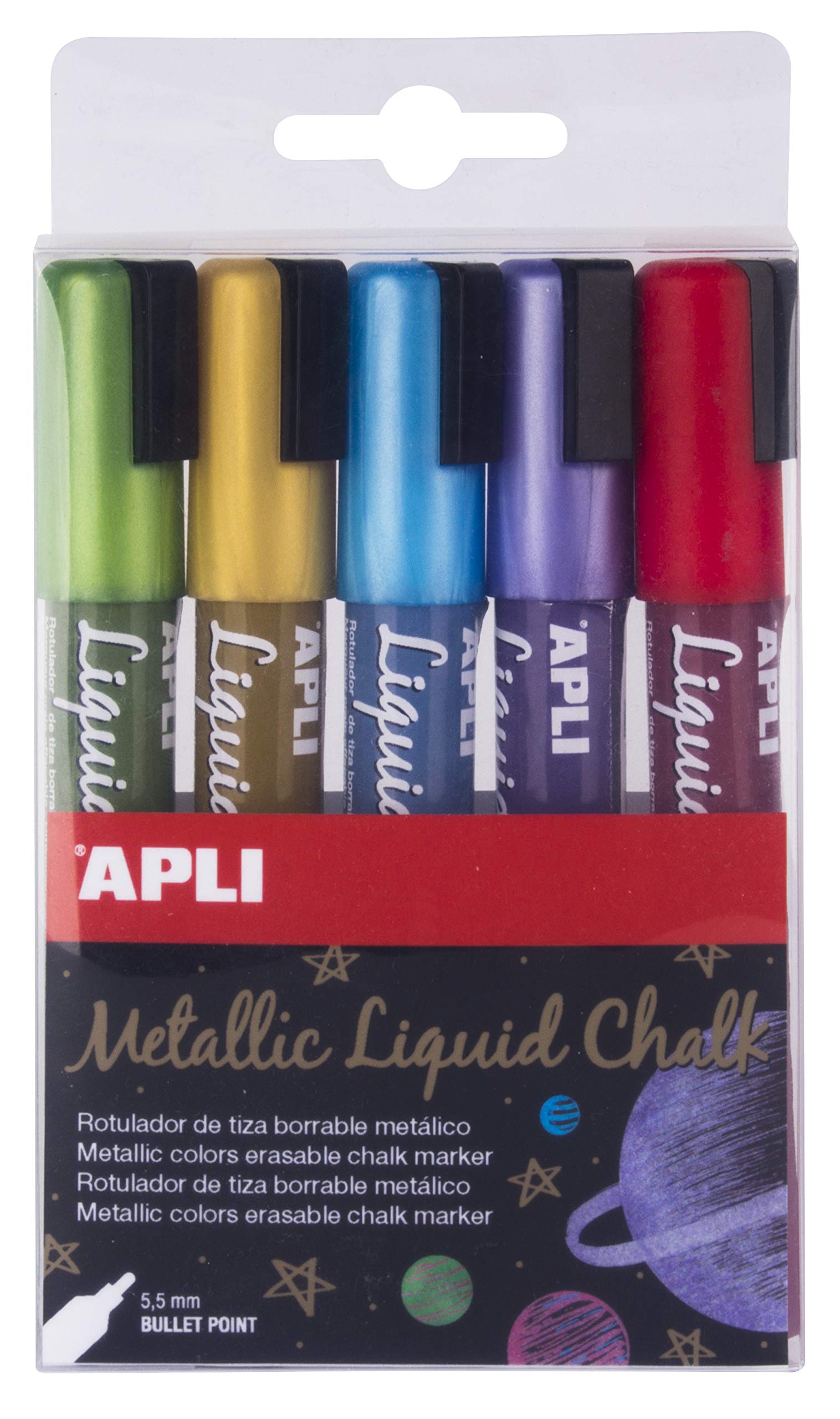 APLI, Pack of 5 Erasable Chalk Markers, 5.5mm, Liquid Chalk Round Tip, Multicolor (Yellow/Blue/Lilac/Red/Green) — image 1