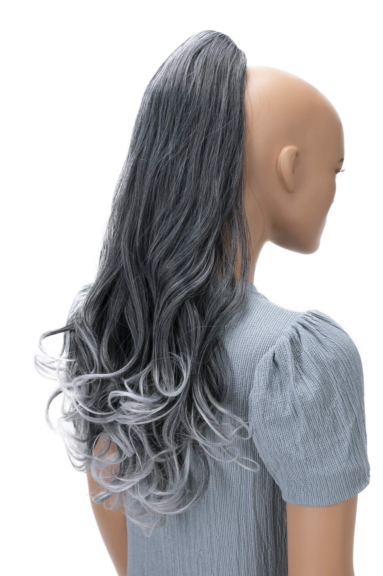 CAISHA 24" Long Hair Clip On Ponytail Extension Heat-Resistant Synthetic Hairpiece Slightly Wavy Gray Black Mix H505