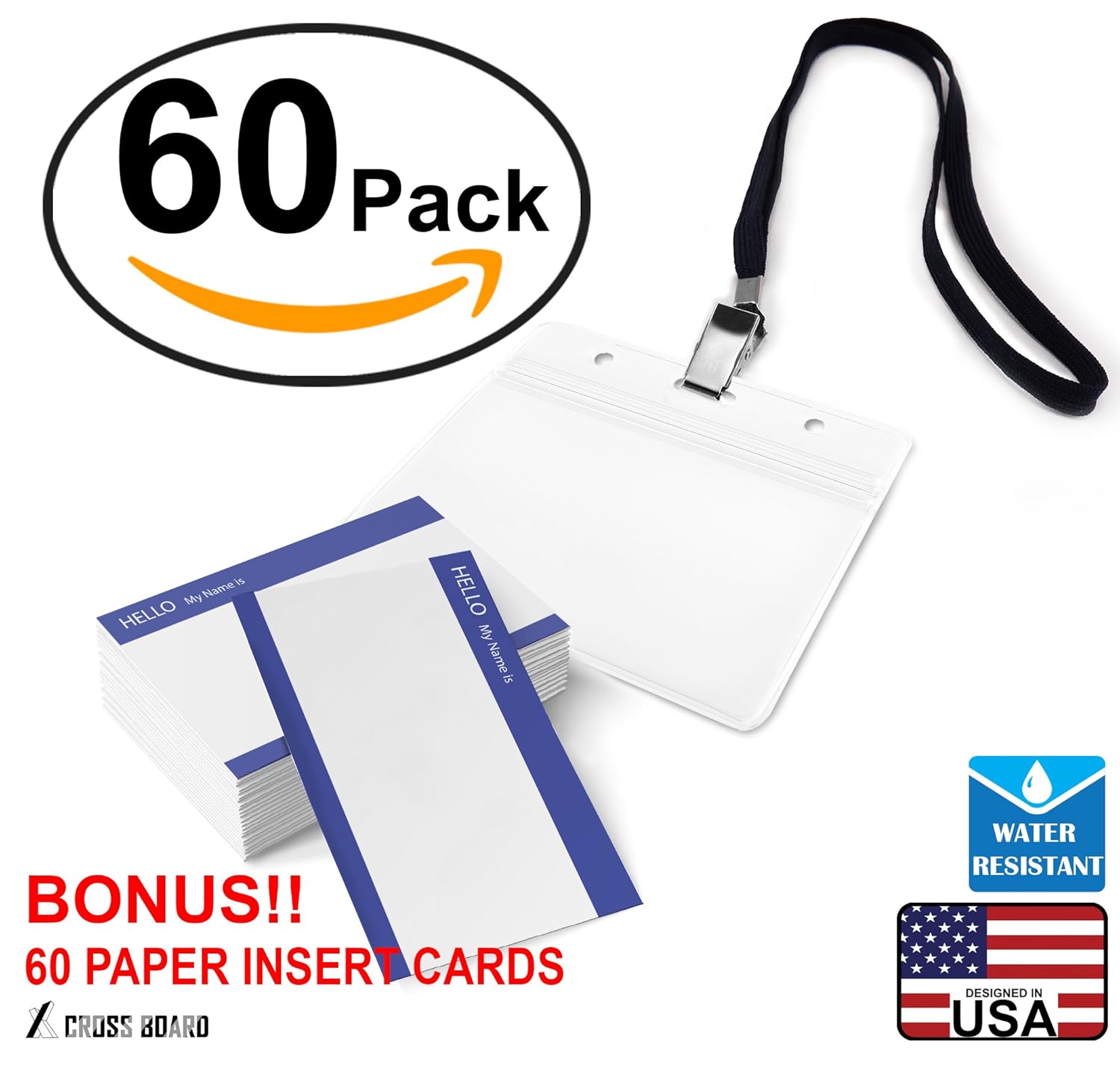 Cross Waterproof Plastic Name Tags ID Card Holder with Black Lanyards