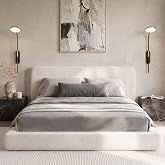 King Upholstered Bed Frame, King Size Cloud Bed Frame, White Platform Bed | 5" Thick Padded Headboard, King Bed Frame No Box Spring Needed