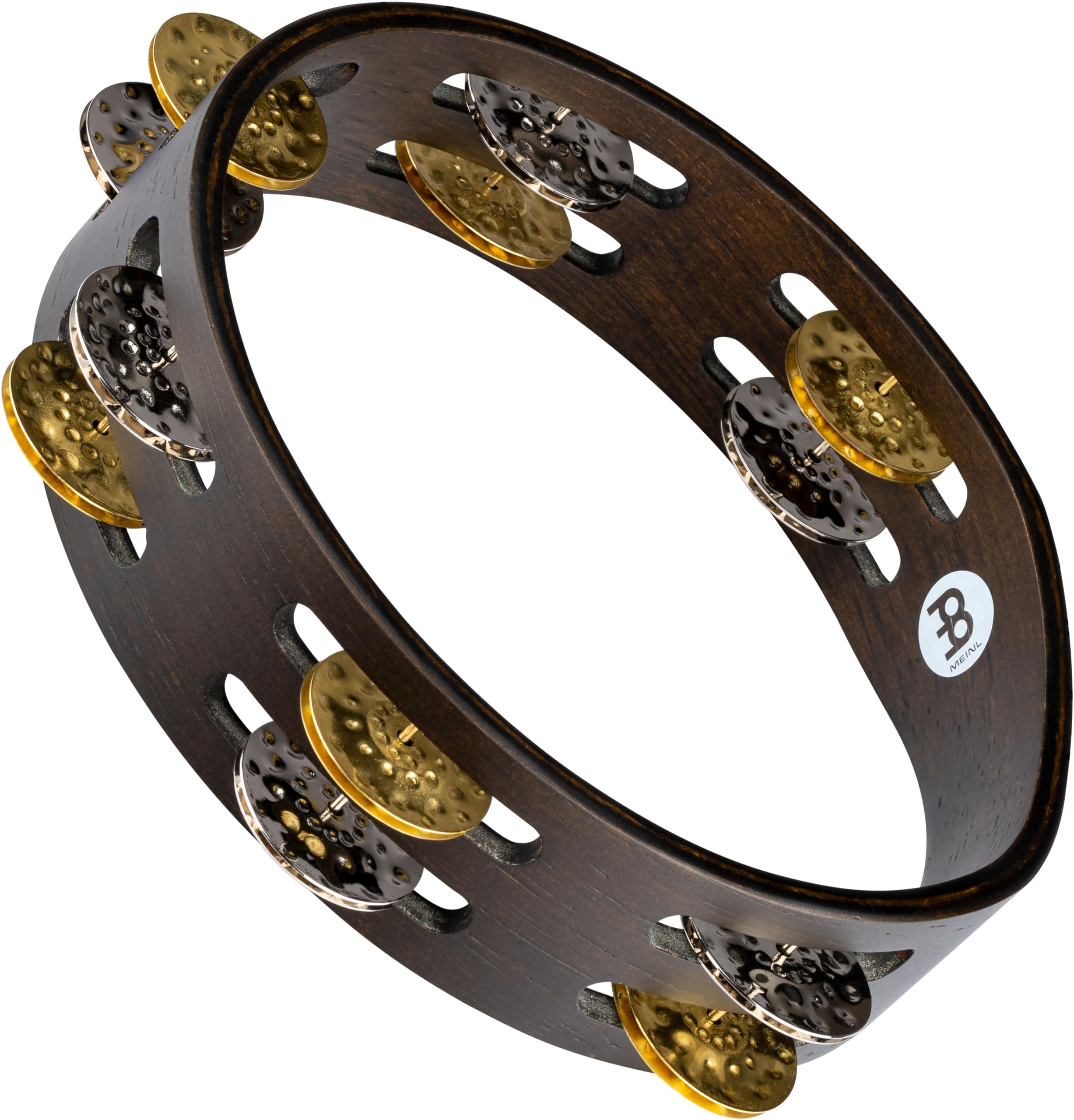 Meinl Percussion Compact Wood Tambourine - 2-Row Tambourine - 8-inch Diameter - Siam Oak / Brass and Steel, Walnut Brown / Natural (CTA2VM-WB)