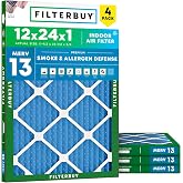 Filterbuy 12x24x1 Air Filter MERV 13 Smoke &amp; Allergy Defense (4-Pack) | Electrostatic Pleated HVAC AC Furnace Filters Replacement, Made in USA (Actual Size: 11.50 x 23.50 x 0.75)