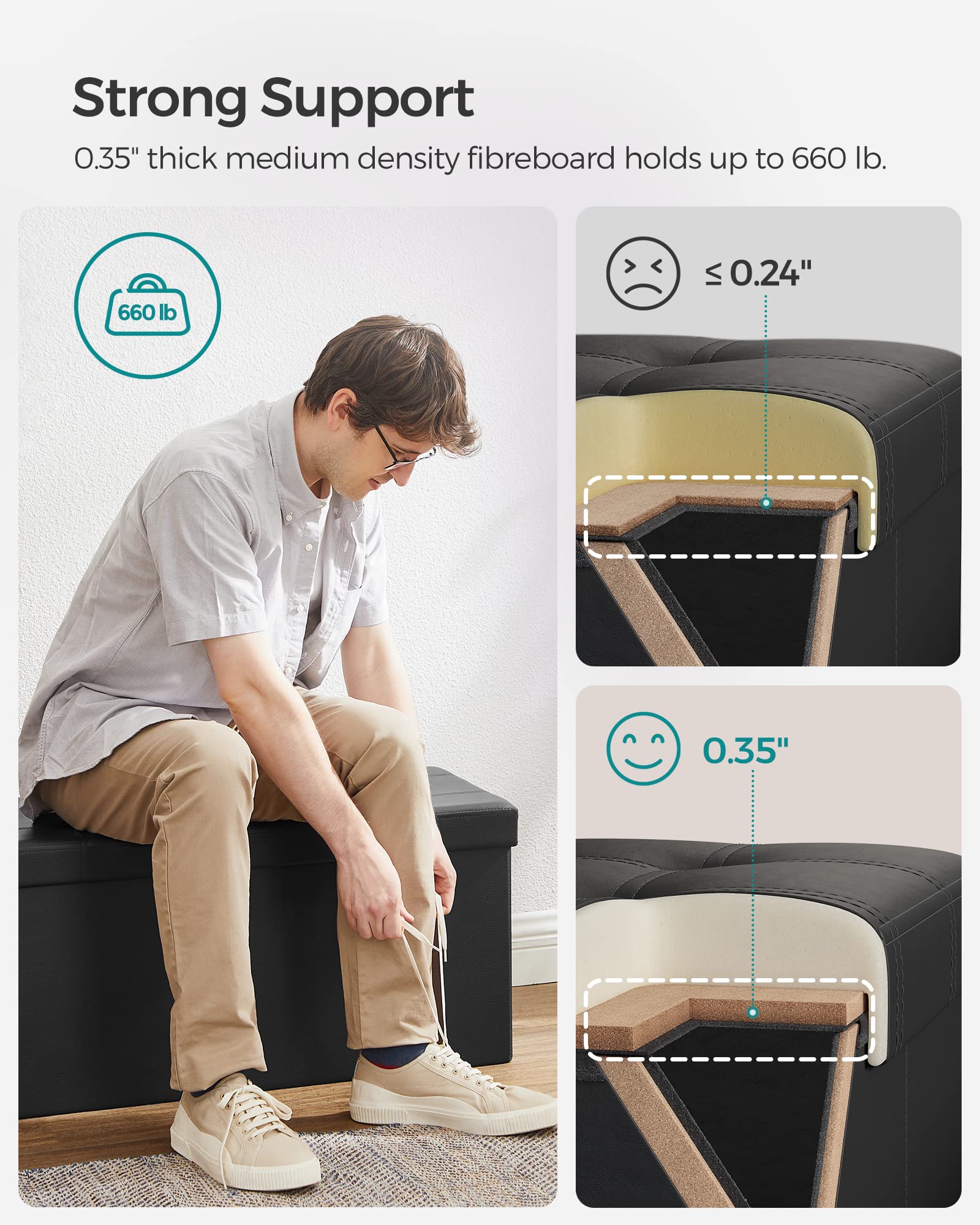 SONGMICS MAZIE Collection-30 Inches Folding Bench Ottoman with Storage, Foot Rest Stool, Load 660 lb, for Living Room, Synthetic Leather, Black ULSF105, 15