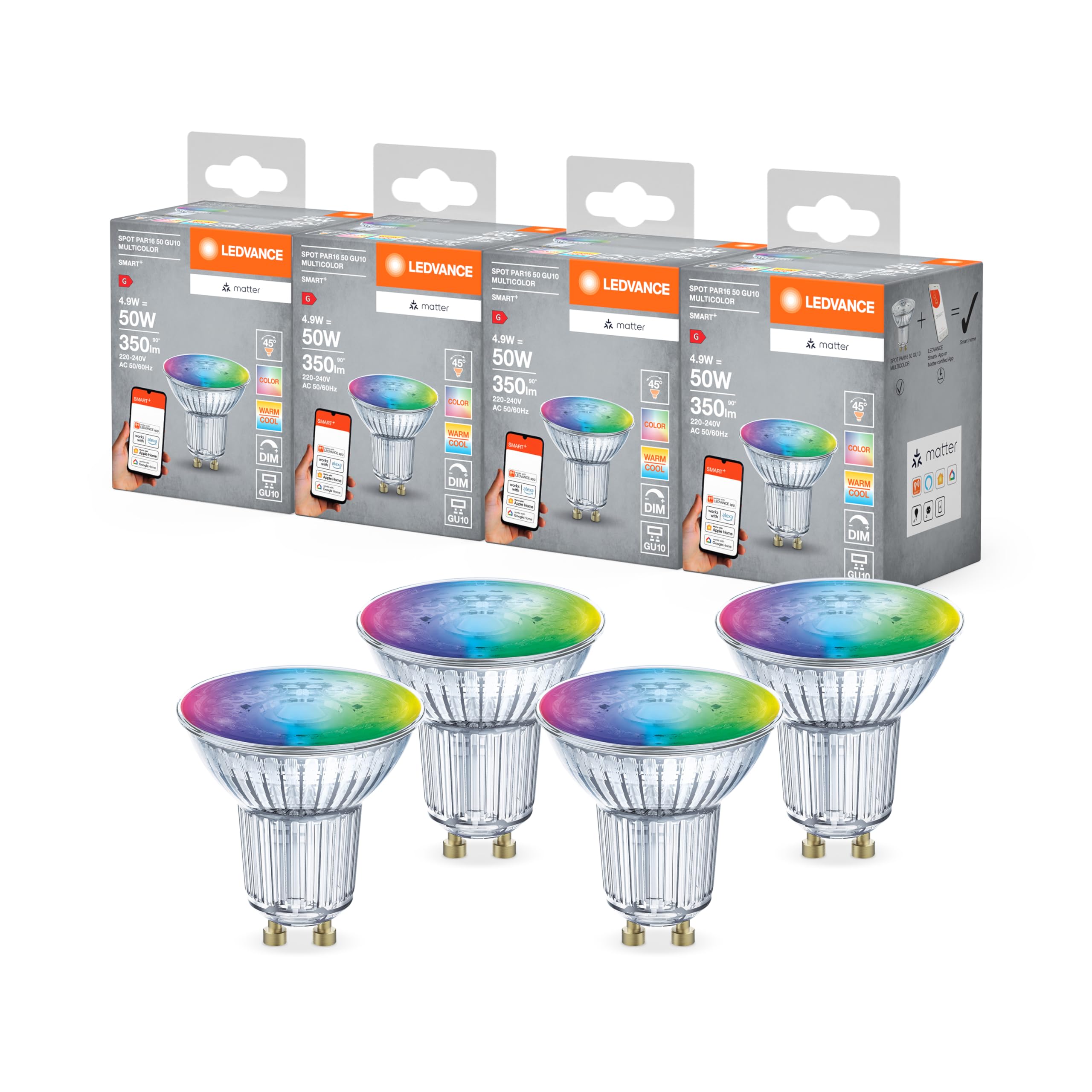 Ledvance SMART+ MATTER LED-Reflektorlampe, kompatibel mit Google, Alexa, Apple, Glas, 4,9W, 350lm, GU10, Farblicht & Weißlicht, App- oder Sprachsteuerung, bis zu 20.000 Std. Lebensdauer, 4-Pack