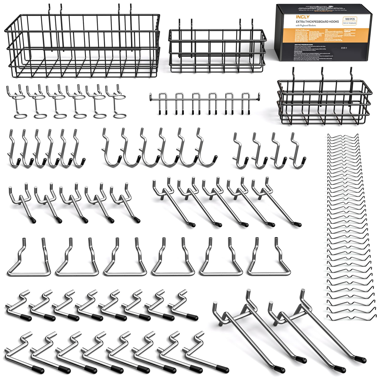 Photo 1 of INCLY 1/4“ Extra Thick Pegboard Accessories Kit, 100PCS Heavy Duty Metal Peg Board Hook Assortment with 3 Sizes Basket S/M/L Fit 1/4 Inch Pegboard for Garage Wall Organizer Hanging Tools