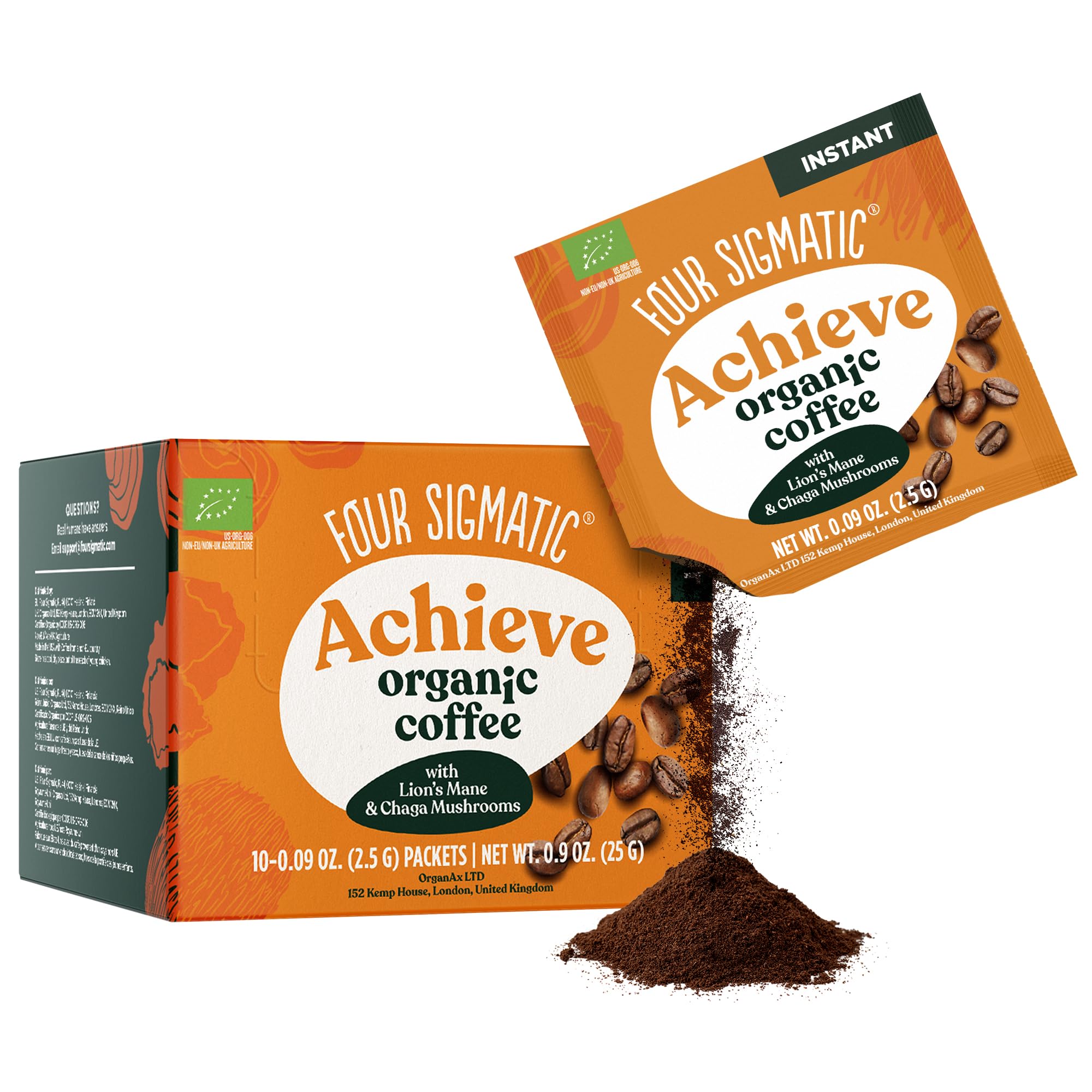 Four Sigmatic Organic Mushroom Coffee | Arabica Instant Coffee Singles with Lion's Mane, Chaga and Rhodiola | Mushroom Coffee Instant Mix for Better Focus and Immune Support | 10 Packets