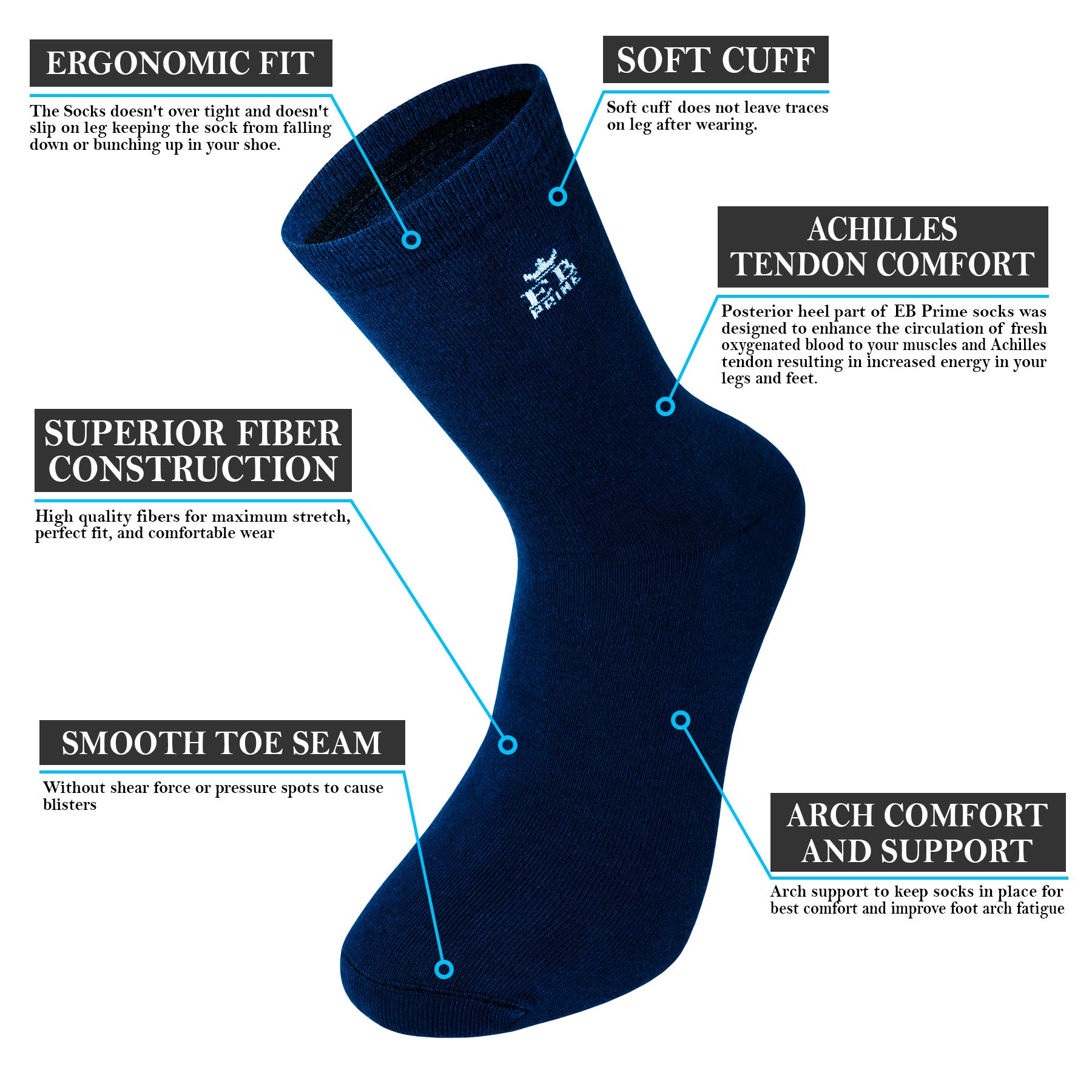 EB Prime Cotton Socks for Men and Women, 6 Pairs, Size UK 6-8, Business Socks, Blue, Classic Socks, Comfortable, Breathable, Best quality for long durability, Made in the EU.