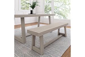 Plank+Beam 60 Inch Farmhouse Dining Bench, Solid Wood Entryway Bench, Wooden Outdoor Bench, Kitchen Dining Seat, Dining Room, Home Office, Living Room Furniture, Easy Assembly, Seashell Wirebrush