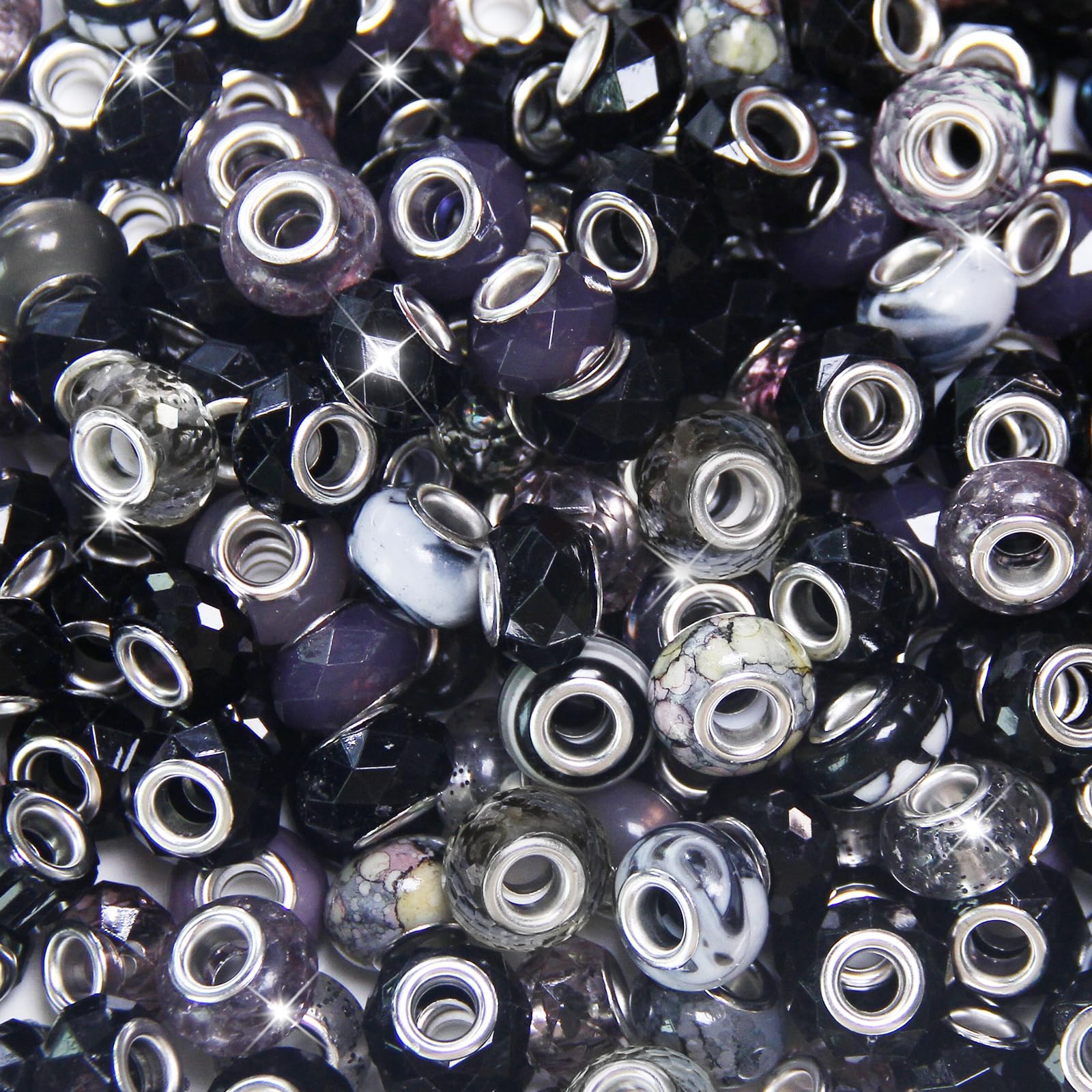 Photo 1 of 60 Pieces Large Hole Beads, Assorted European Craft Beads Black Big Hole Fairy Wands Garden Beads Large Hole Lampwork Spacer Beads for DIY Pens Charms Bracelet Necklace Jewelry Making Supplies