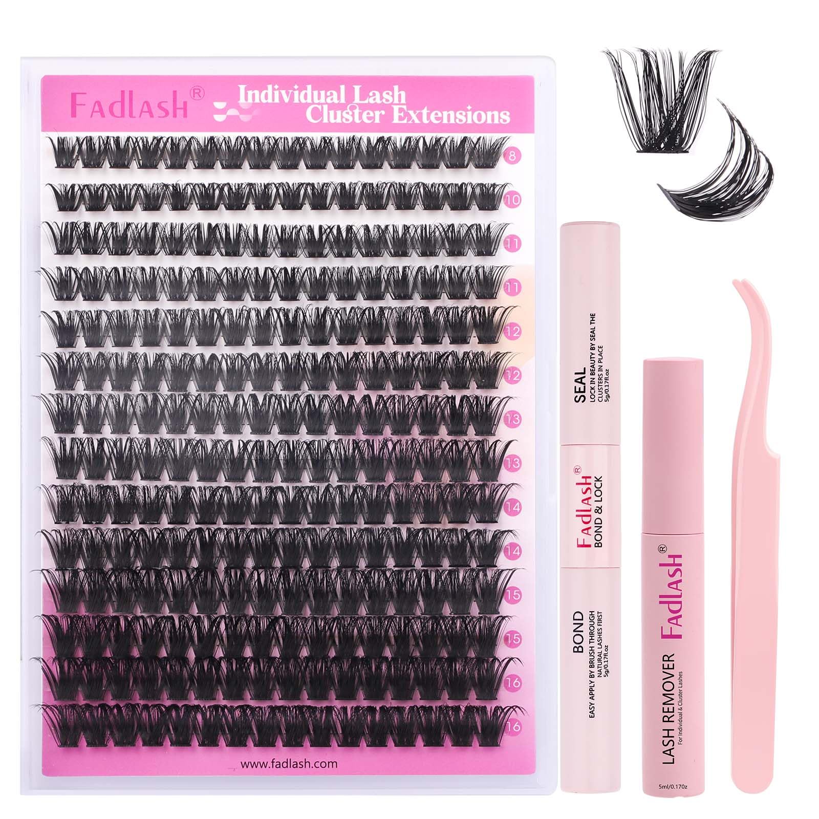 FADLASH 100D 0.07mm D Curl 8-16mm with Bond and Seal, Remover and Tweezers Fluffy Wispy Cluster Lashes DIY Eyelash Extensions — image 1