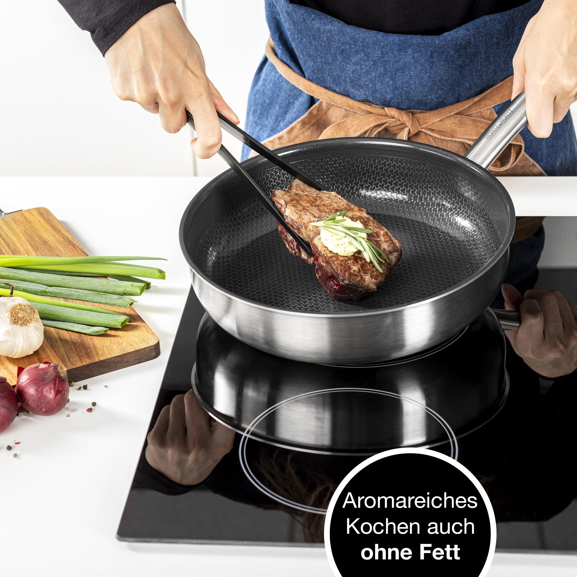 Moritz & Moritz Antihaft Pfanne 28 cm Induktion - Bratpfanne 28cm mit Keramikbeschichtung & Wabenstruktur - Edelstahlpfanne mit hohem Rand - Ideal für alle Herdarten & zum Kochen, Braten, Schmoren 6