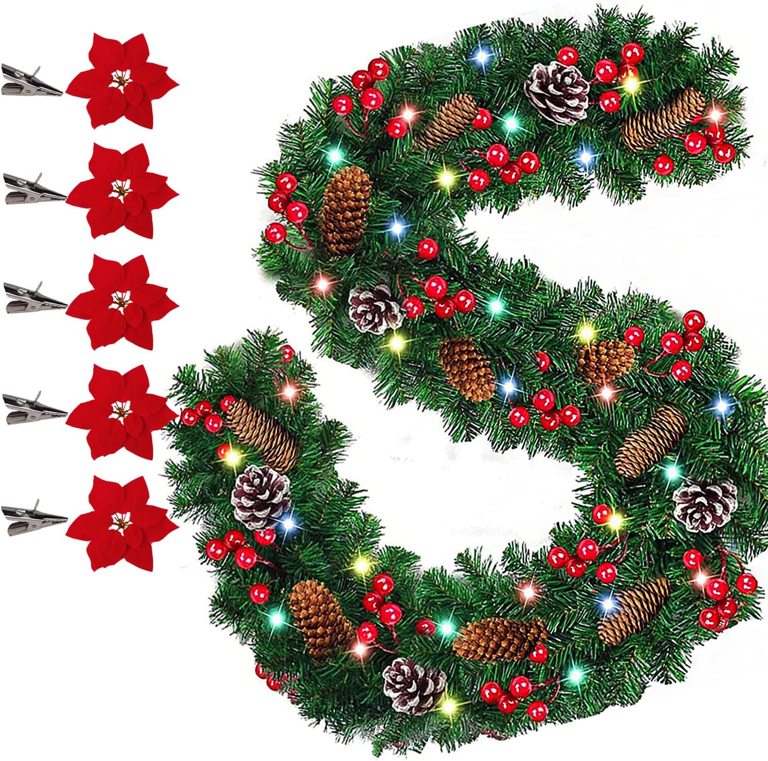Wreaths, Garlands & Swags - 9FT Christmas Garland Decoration with 50 Lights/15 Pine Cones/160 Red Berries/5 Red Flower,Battery Operated Xmas Garland Wreath,Xmas Wreath Indoor Outdoor Home Mantel Decor