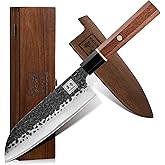 ENOKING Japanese Santoku Knife, 7 Inch Chef Knife 5 Layer 9CR18MOV Clad Steel for Meat Cutting, Super Sharp Kitchen Cooking Knife with Ebony Bolster African Rosewood Handle -Wooden Box