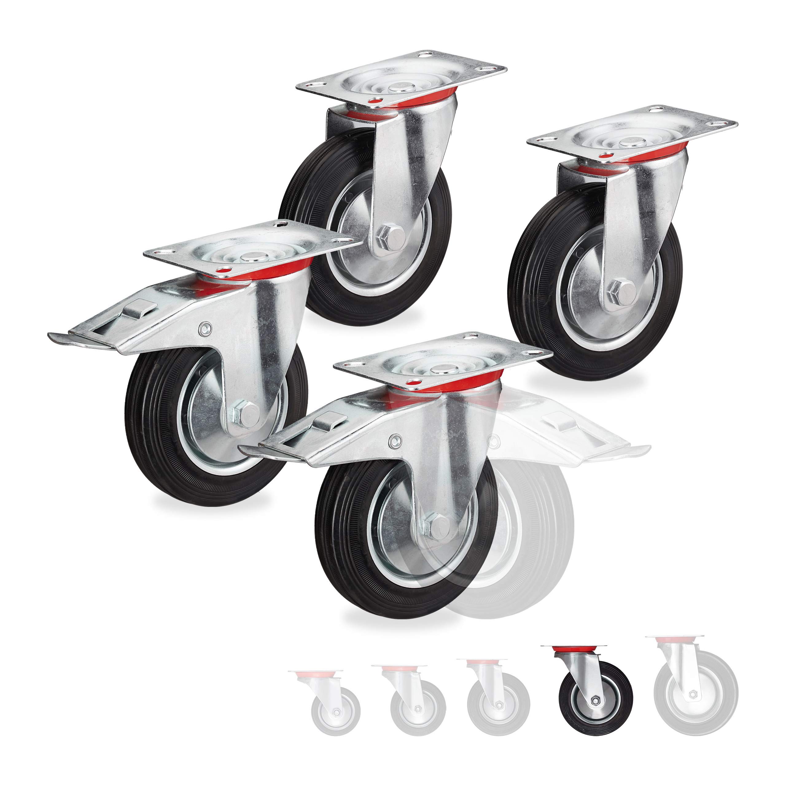 Relaxdays Heavy Duty Castors Set of 4, Rotatable, 2 Wheels, with Brake, Load Capacity up to 400kg, Wheel D: 160mm, Black