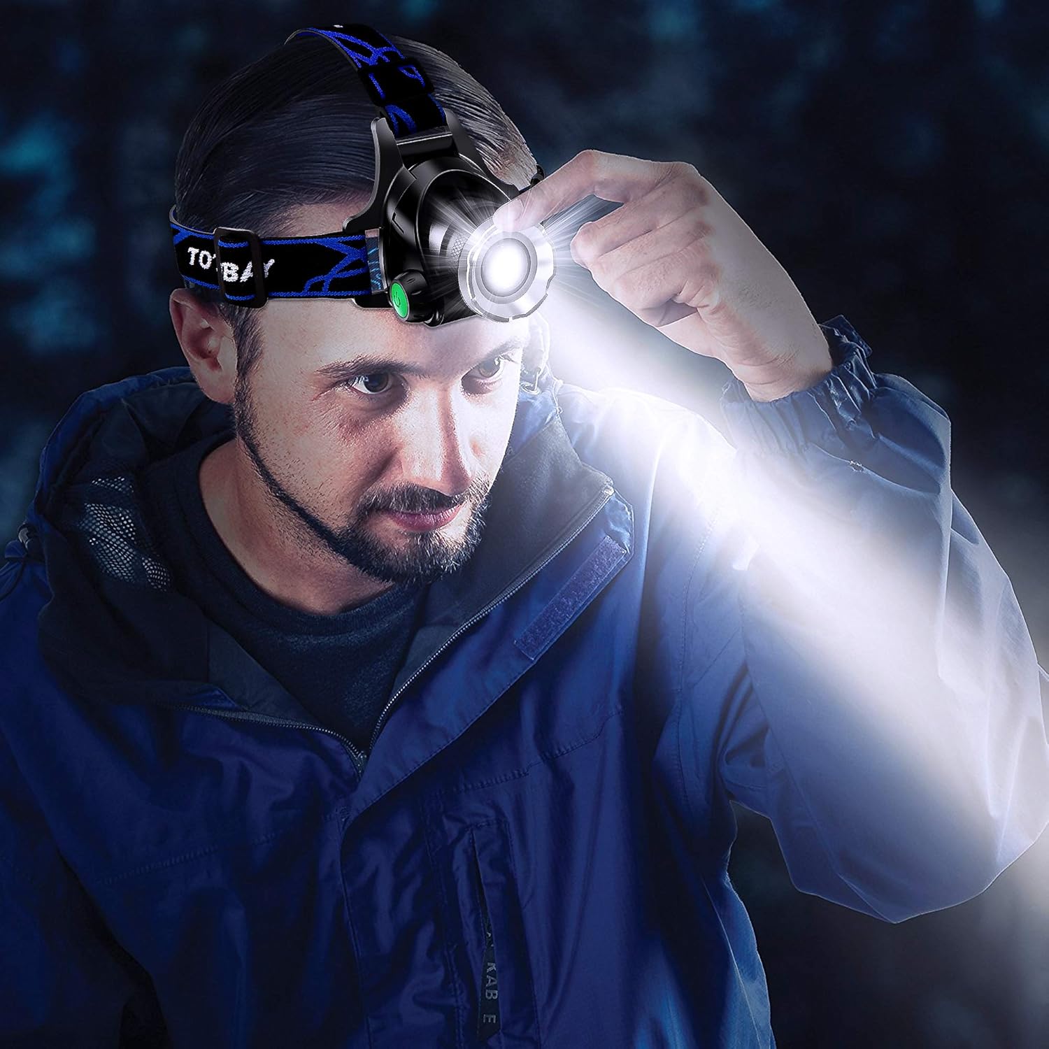 Headlamp, Super Bright LED Headlamps 18650 USB Rechargeable IPX4 Waterproof Flashlight with Zoomable Work Light, Hard Hat Light for Camping, Hiking, Outdoors (Blue): Sports & Outdoors