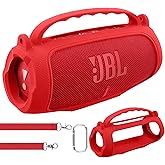 co2CREA Silicone Case for JBL Charge 5 Portable Waterproof Bluetooth Speaker, Portable Travel Soft Cover with Shoulder Strap, Protective Skin Case (Red)