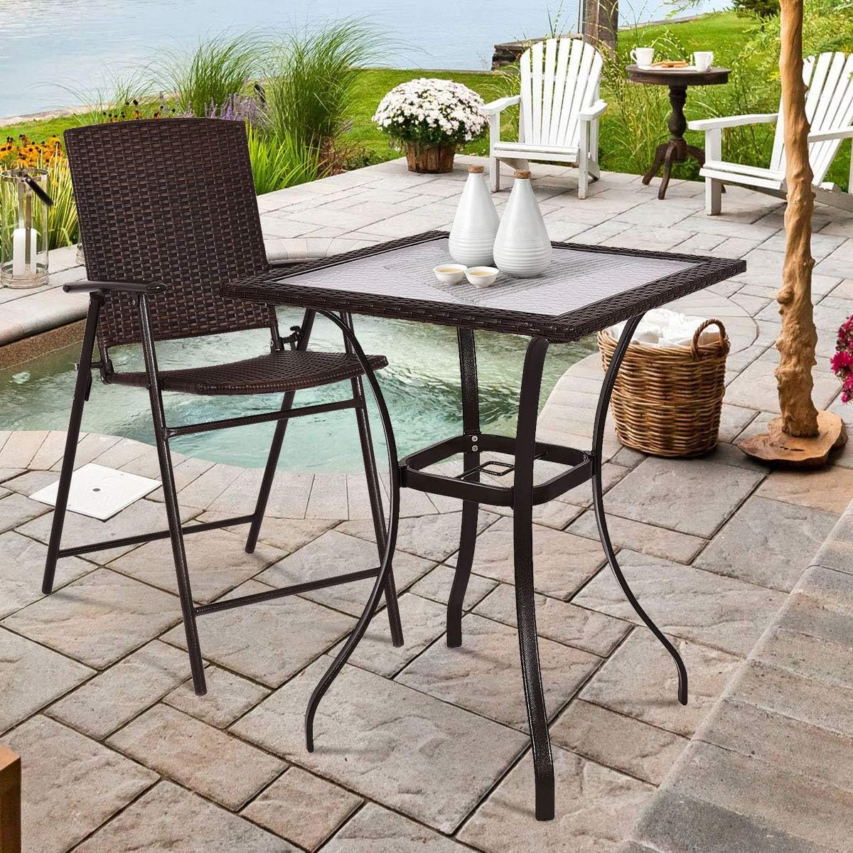 TANGKULA Patio Table Outdoor Garden Balcony Poolside Lawn Glass Top Steel Frame All Weather Dining Bistro Table (Mix Brown Square 28.5"): Kitchen & Dining