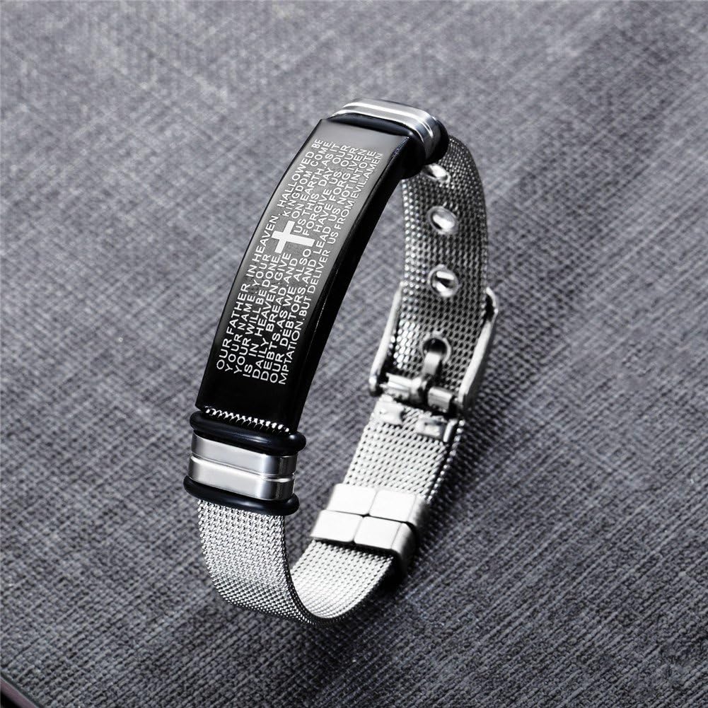 PAURO Men's Stainless Steel Mesh Lord's Prayer Cross Bracelet, Stainless Steel,Black, 6.5 inch - Image 3