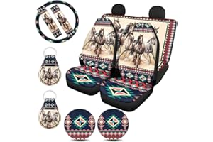 ZPINXIGN Western Seat Cover Full Set Car Accessories 11-pcs Aztec Horse Car Seat Cover with Steering Wheel Cover,Front and Rear Bench Seat Cover for Truck,Seat Belt Shoulder Pad,Keychain,Car Coasters