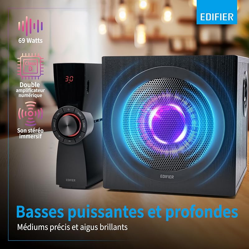 CX7 - Pack d'enceintes multimédia 2.1, 69W, avec Bluetooth V5.0, subwoofer de 21 cm (8 Pouces) et télécommande Infrarouge : Parfait pour la télévision, Le PC, l'ordinateur Portable, etc.