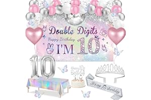 JUESLY 10th Birthday Decorations for Girls,49pcs Silver Dazzle Double Digits Banner, Iridescence Tablecloth, Sash, Tiara, Butterfly Decor, Happy 10th Birthday Cake Topper, Candles, Balloons Arch