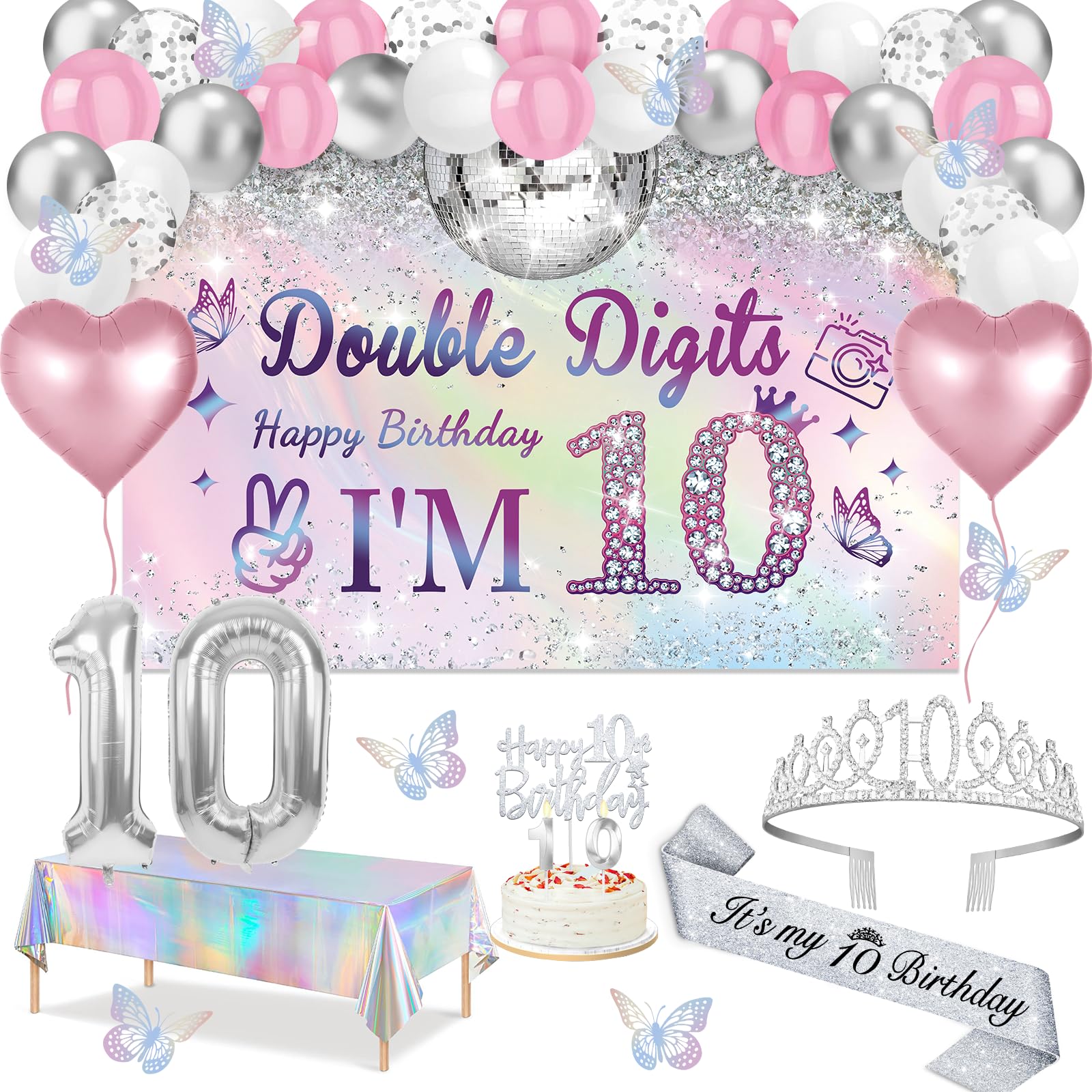 View 1 of 10th Birthday Decorations for Girls,49pcs Silver Dazzle Double Digits Banner, Iridescence Tablecloth, Sash, Tiara, Butterfly Decor, Happy 10th Birthday Cake Topper, Candles, Balloons Arch