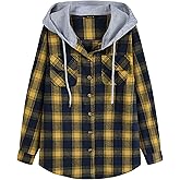 Derbars Womens Flannel Hoodie Shirts Long Sleeve Plaid Jacket Casual Cotton Button Down Shirt for Women