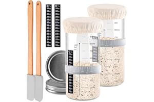 COMFYNEST 2 Pack Sourdough Starter Jar, 1000ML Wide Mouth Sourdough Starter Kit with Thermometer, Scraper, Cloth Cover and Metal Lid, Reusable Sour Dough Starter Jar Kit Use for Sourdough Bread Baking Supplies