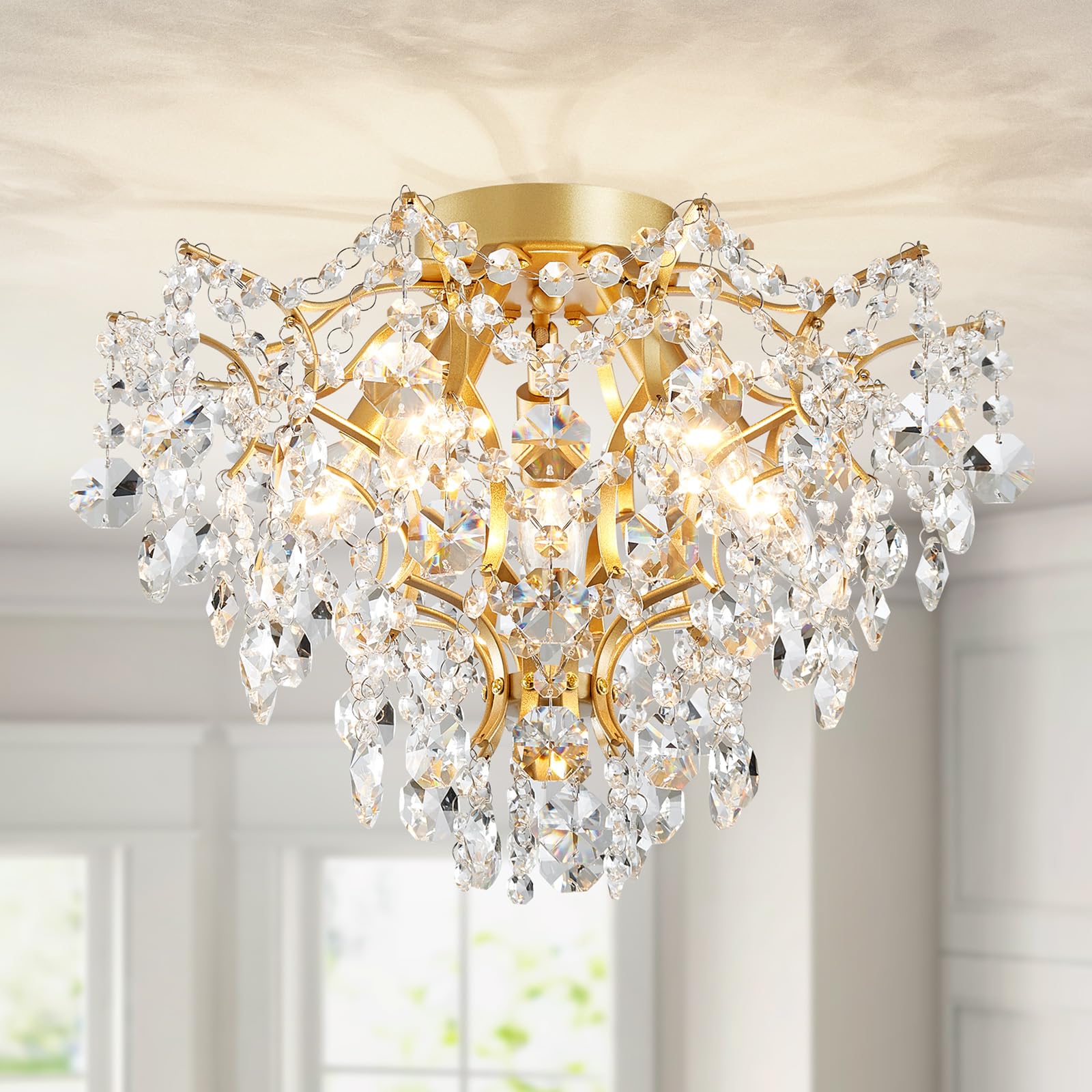 Photo 1 of WUZUPS 5-Light Crystal Chandelier Flushmount Ceiling Light Modern Lighting Fixture for Bedroom Hallway Bar Kitchen Bathroom, H 12" W 15.4", E12 Base, Gold