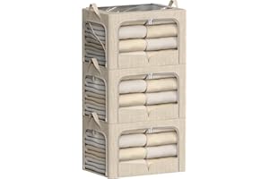 FHSQX 3 Pack Clothes Storage Bins with Metal Frame- Foldable Storage Organizer Bin for Clothes Linen Fabric Storage Box with Lid ＆Clear Window (Beige, 19.7x15.7x12.6inch)
