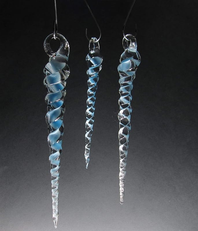 3 pack of Ice Blue Hand Made Glass Icicle Ornaments Handmade
