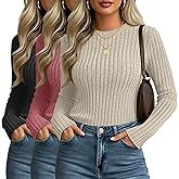Velvelhall 3 Pack Women's Fitted Ribbed Sweaters Tops, Long Sleeve Crew Neck Slim Fit Thermal Fall Winter Base Sweater