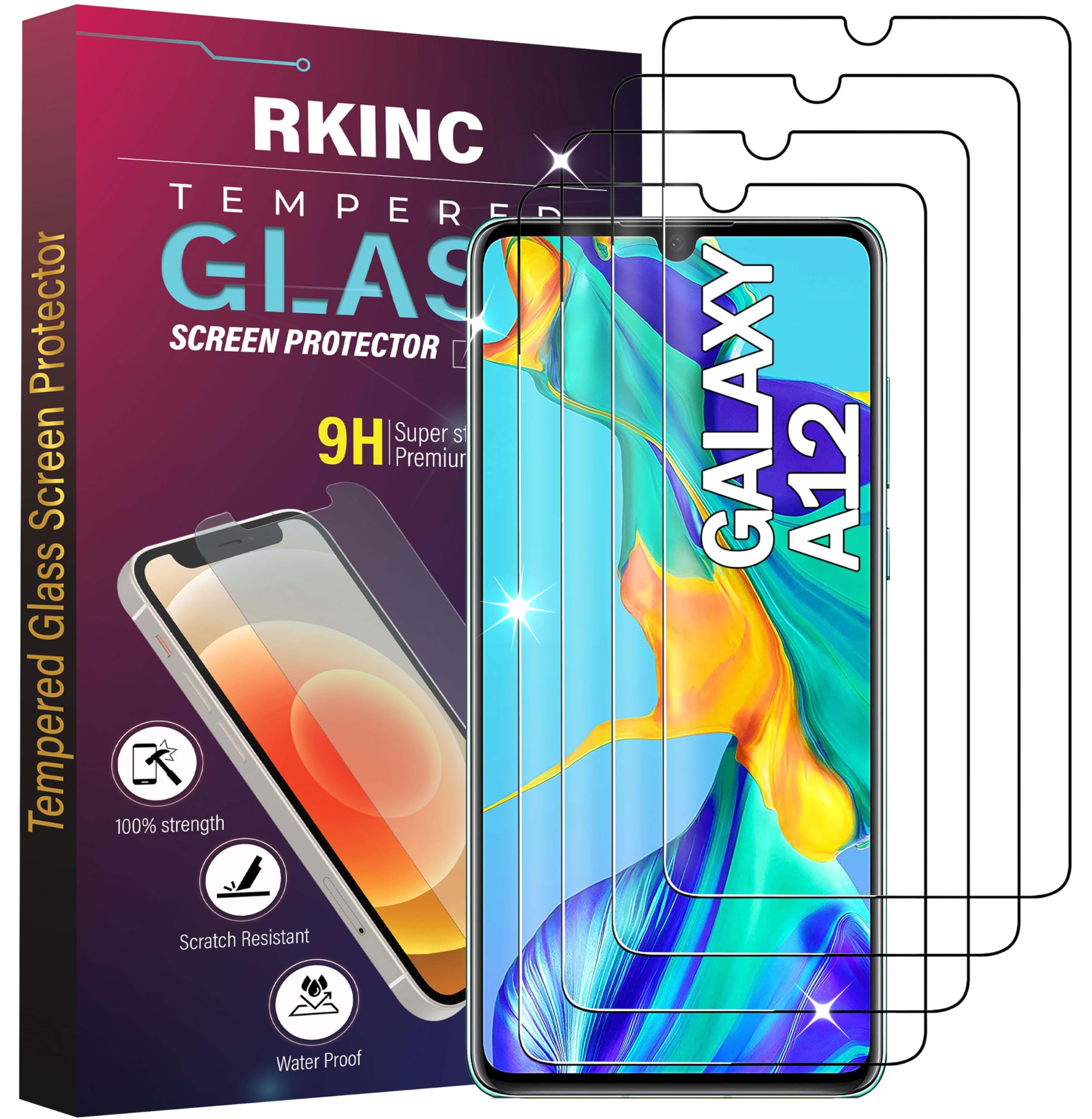 RKINC Screen Protector [4-Pack] for Samsung Galaxy A12 / Galaxy A02S / A12 Nacho, Tempered Glass Film Screen Protector, 0.33mm [LifetimeWarranty][Anti-Scratch][Anti-Shatter]