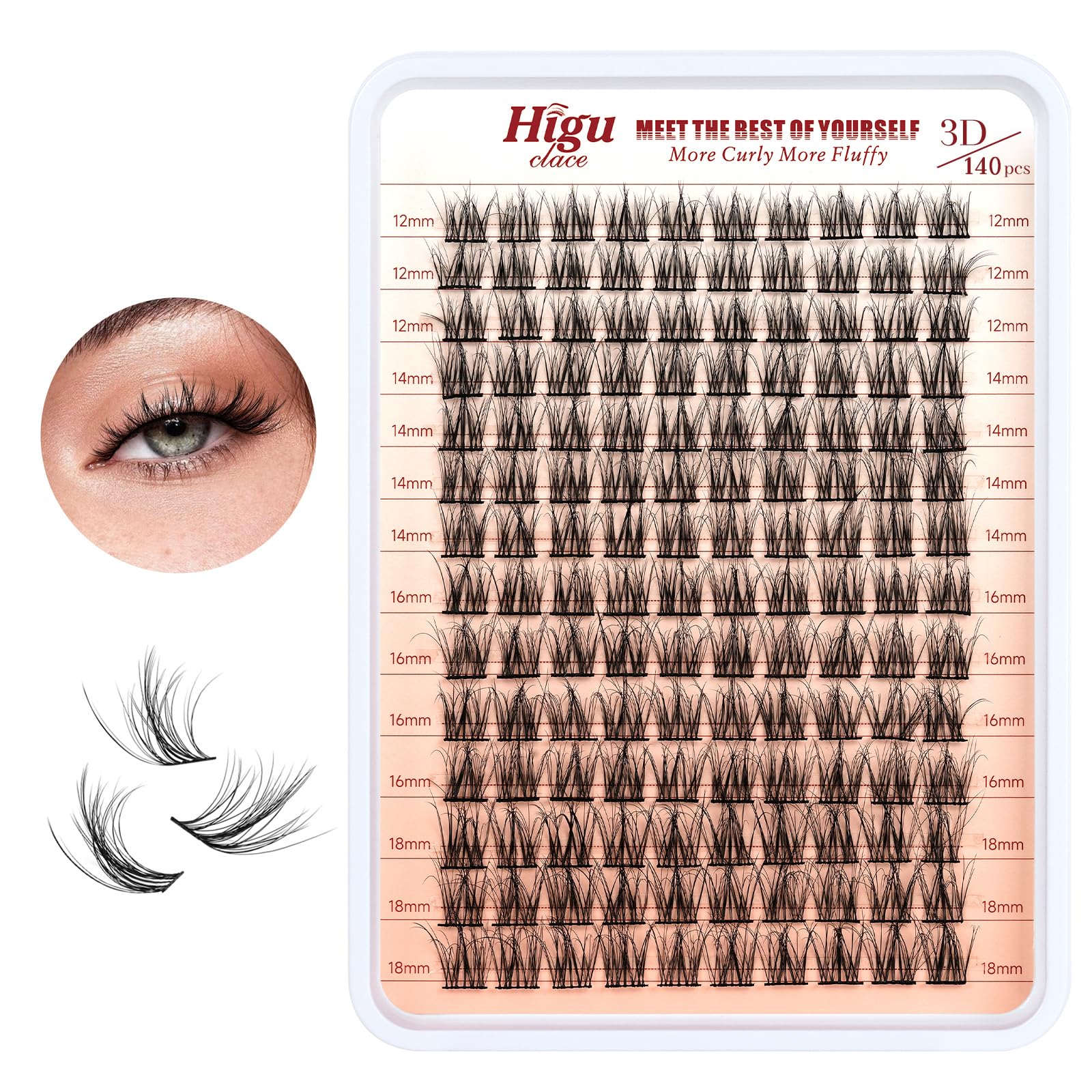 Higu clace Lash Clusters natural, 140PCS DIY Eyelash Extensions 3D Fluffy mix12-18mm Eyelash Clusters Reusable D Curl volume Curled and Soft Individual Lashes - 3D Curled mix12-18mm