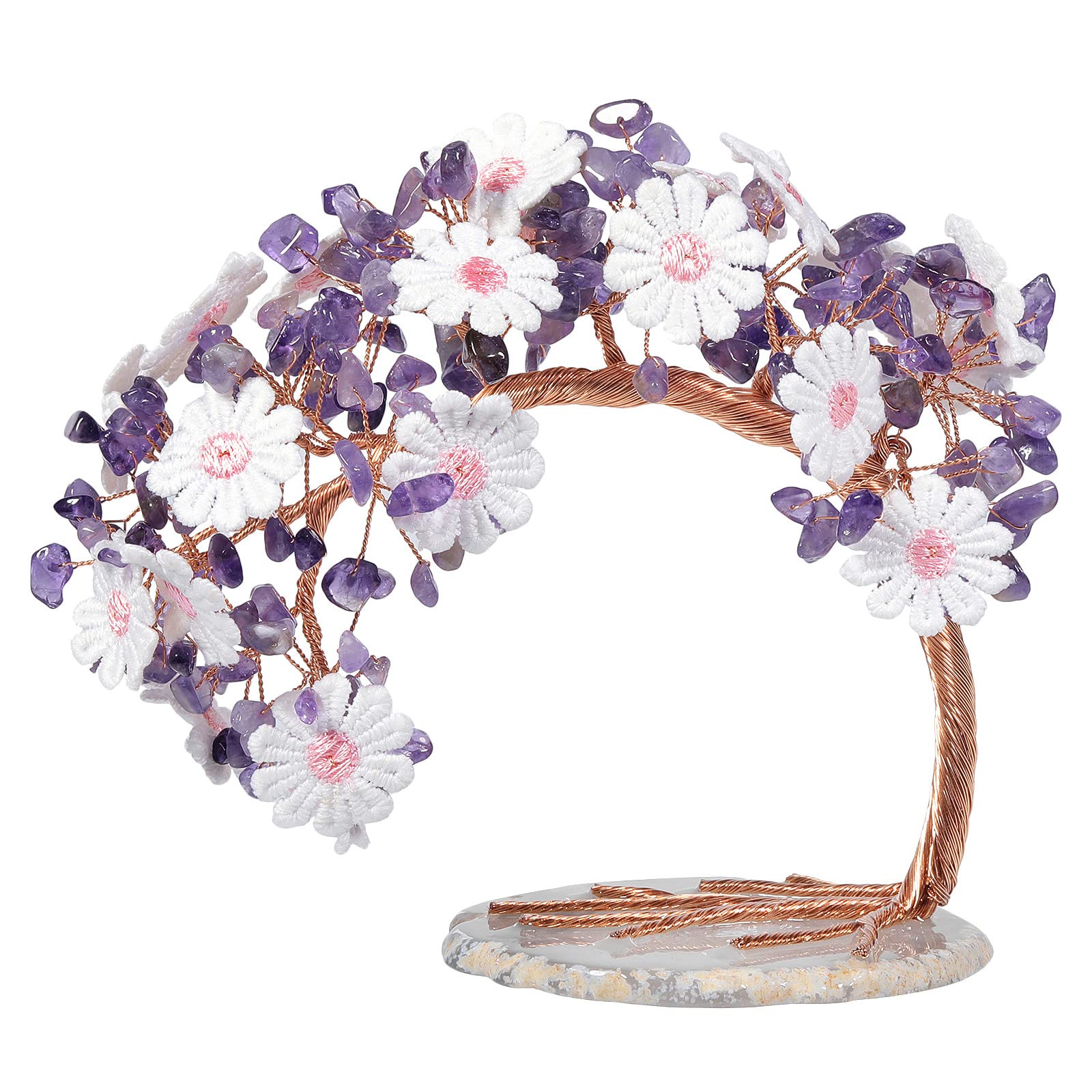 Nupuyai Amethyst Flower Crystal Money Tree with Agate Slice Base, Good Luck Fengshui Figurine Healing Stone Tree Ornament for Home Office Wedding Decor