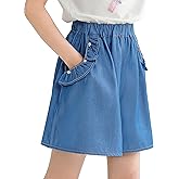 NIUSC Girls Bermuda Shorts Cotton High Waisted Shorts Big Kids Cute Wide Leg Uniform Short Pants with Pockets 5-16Y