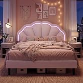 Girls Full Upholstered LED Bed Frame with Adjustable Petal Headboard, Beige | Soft Velvet Princess Full Platform Bed, Ample Underbed Storage,Needn't Box Spring,Easy Assembly,Noise-free, for Girls Bedroom
