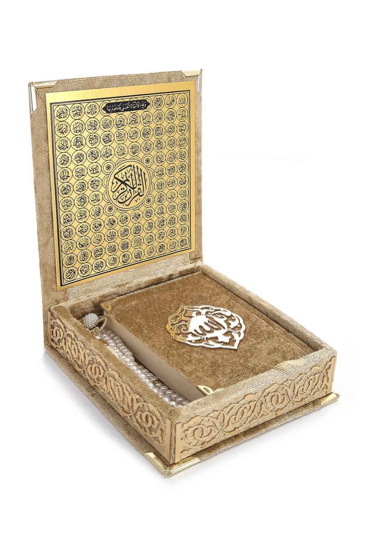 ihvan online, The Holy Qur'an Set, Islamic Prayer Gift Box with Pocket-sized Velvet Covered Quran, Tesbih, Inner Lid Names of Allah (Asmaul Husna), 3 Pieces for Ramadan & Eid & Dowry Gifts, Gold