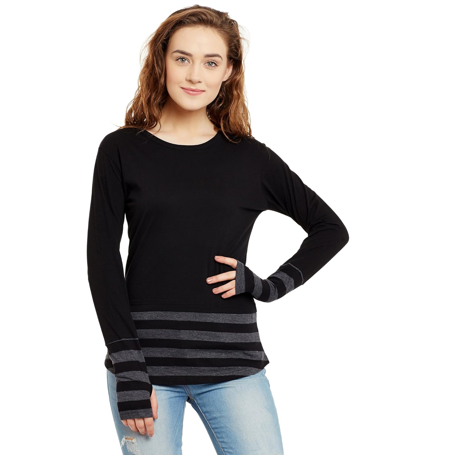 hypernation black and grey stripe round neck thumb insert cotton t-shirt for women
