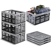 CleverMade Collapsible Utility Crates For Storage, 45L 3 Pack, Stone | Create Stackable Order for Groceries, Tools, and Gear | Each Crate Holds 80 lb, Folds Under 3 Inches, and Carries Easily
