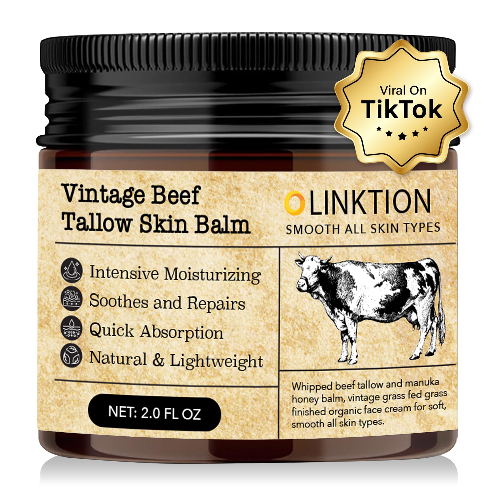 Beef Tallow Honey Balm for Skin:100% Grass-Fed Beef Tallow Moisturizer For Face and Body Vintage Tallow Balm With Olive Oil Manuka Honey For Sensitive Dry Skin Repair 2 oz