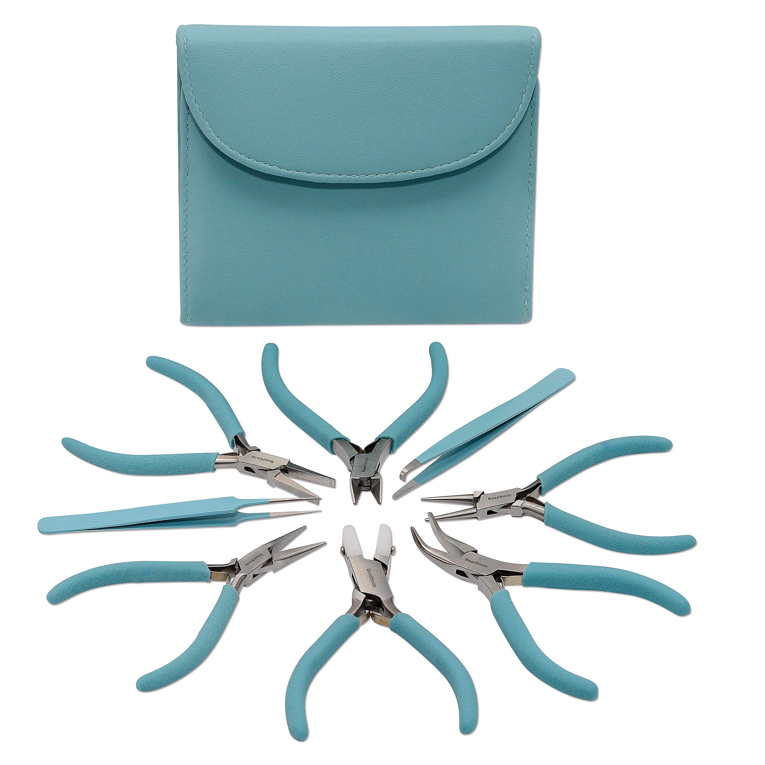 The Beadsmith Fashion Color Pliers – Set of 8 Slimline Color-Coordinated Tools – Matching Clutch in Light Blue – Jewelry Making Supply Kit to Create Necklaces, Bracelets, Earrings & More