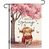 DLZDN Hello Spring Highland Cow Garden Flag Cherry Blossom Floral Butterfly Flag 12×18 Inch Double Side Vertical Burlap Farmhouse Yard Flag Seasonal Outdoor House Decoration