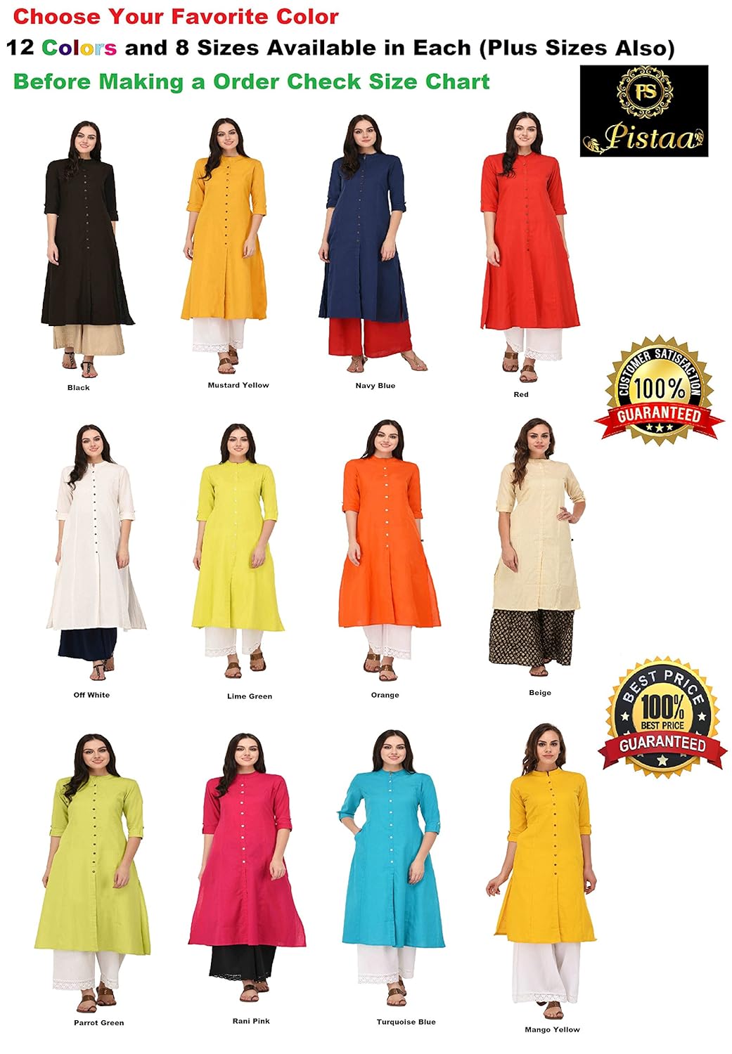 pistaa's women's cotton solid kurta (kwtred_xs)