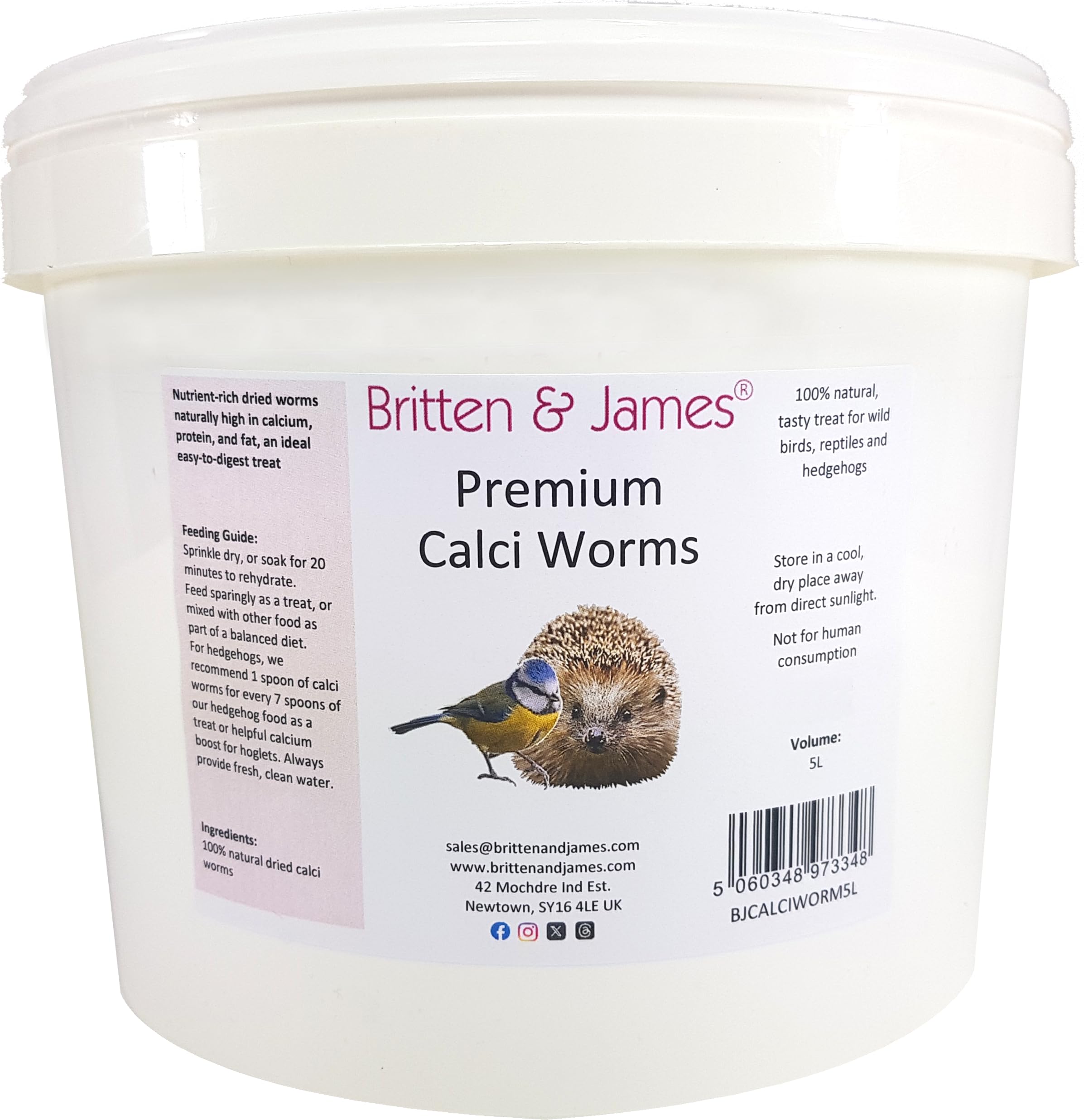 Britten and James Dried Calci Worms in a 5L Tub. High in Calcium and Protein - an ideal treat for Hedgehogs and Wild Birds